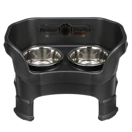 Neater Feeder Deluxe medium with leg extensions in Midnight Black with two stainless steel bowls against a white background.