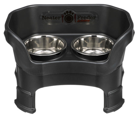 Neater Feeder Deluxe medium with leg extensions in Midnight Black with two stainless steel bowls against a white background.