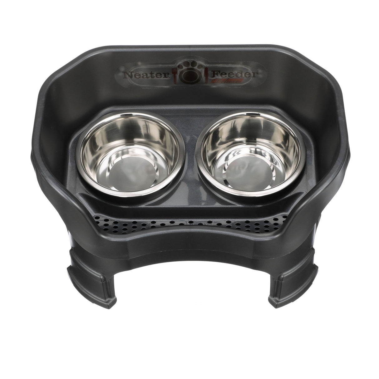 Deluxe medium Neater Feeder in Midnight Black with leg extensions top view with two stainless steel bowls against a white background.