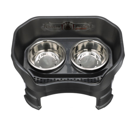 Deluxe medium Neater Feeder in Midnight Black with leg extensions top view with two stainless steel bowls against a white background.