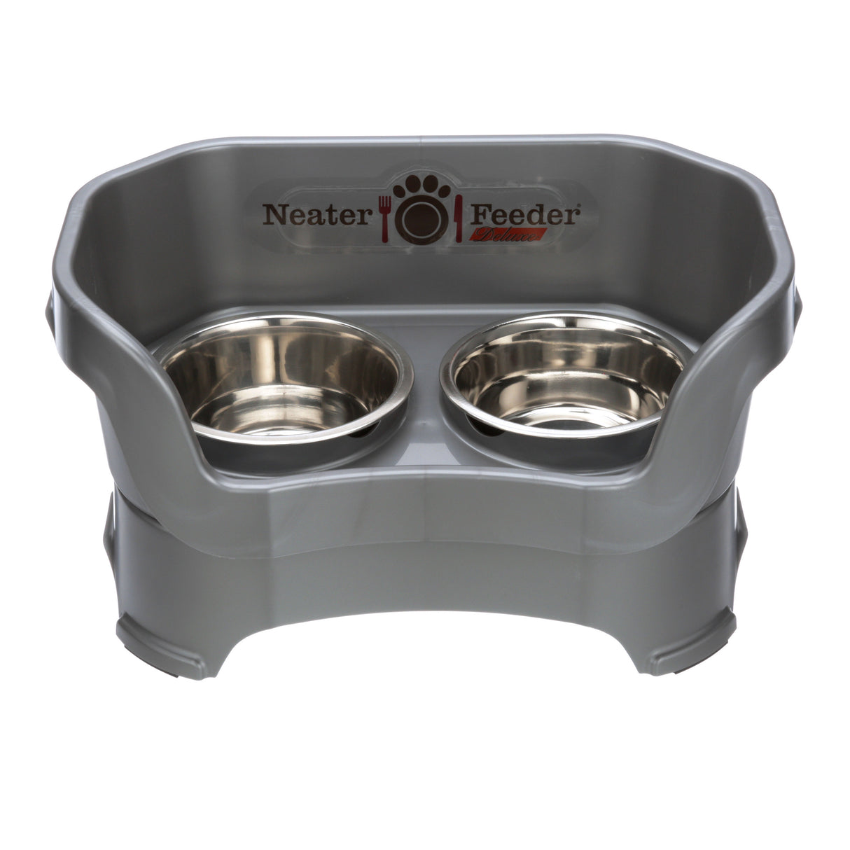 Medium Deluxe Neater Feeder in Grey with two stainless steel bowls against a white background.