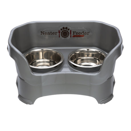 Deluxe medium Neater Feeder in Gunmetal Grey with two stainless steel bowls against a white background.