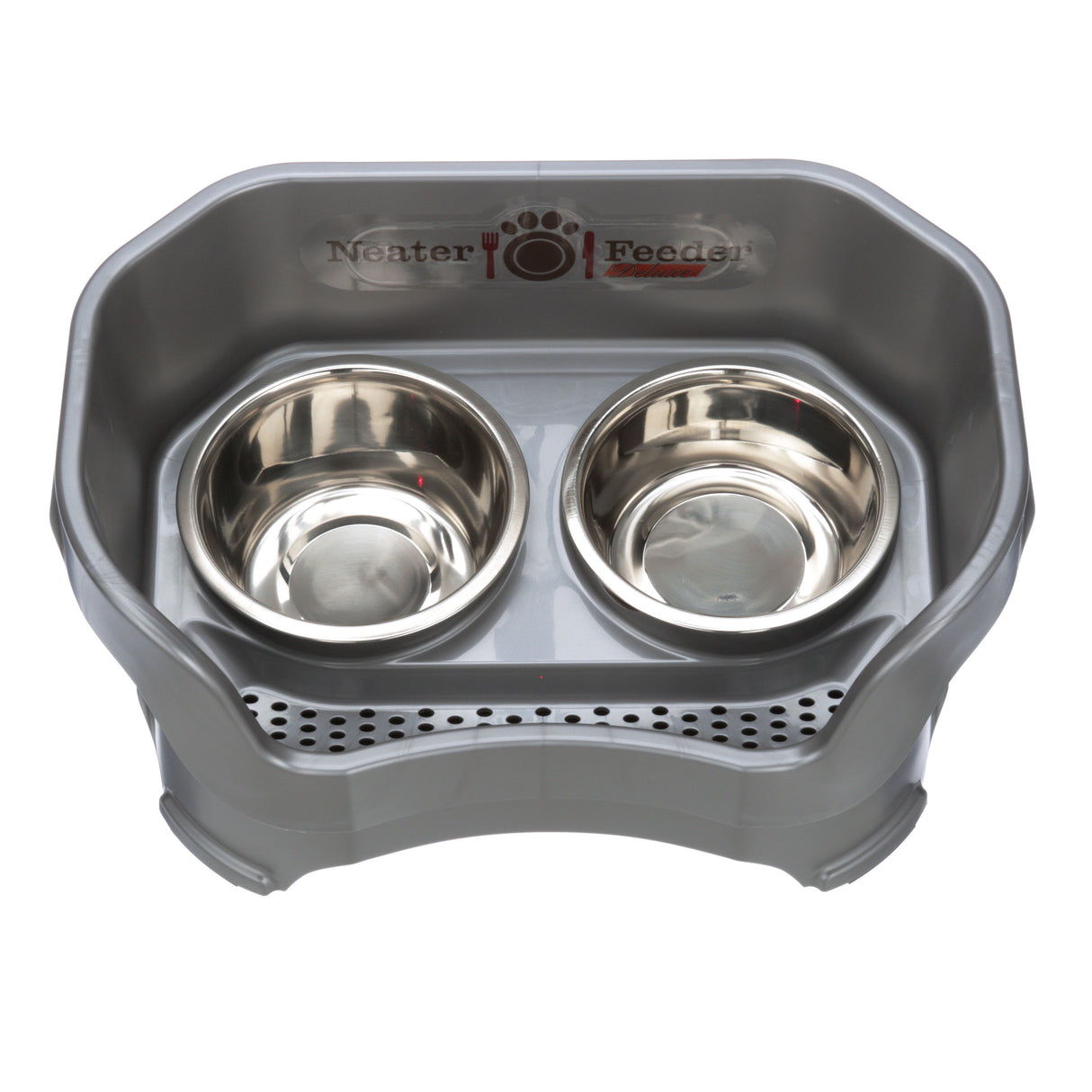 Deluxe medium Neater Feeder in Gunmetal Grey top view with two stainless steel bowls against a white background.