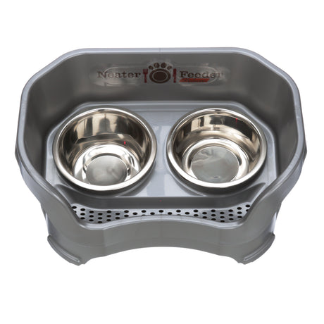 Deluxe medium Neater Feeder in Gunmetal Grey top view with two stainless steel bowls against a white background.
