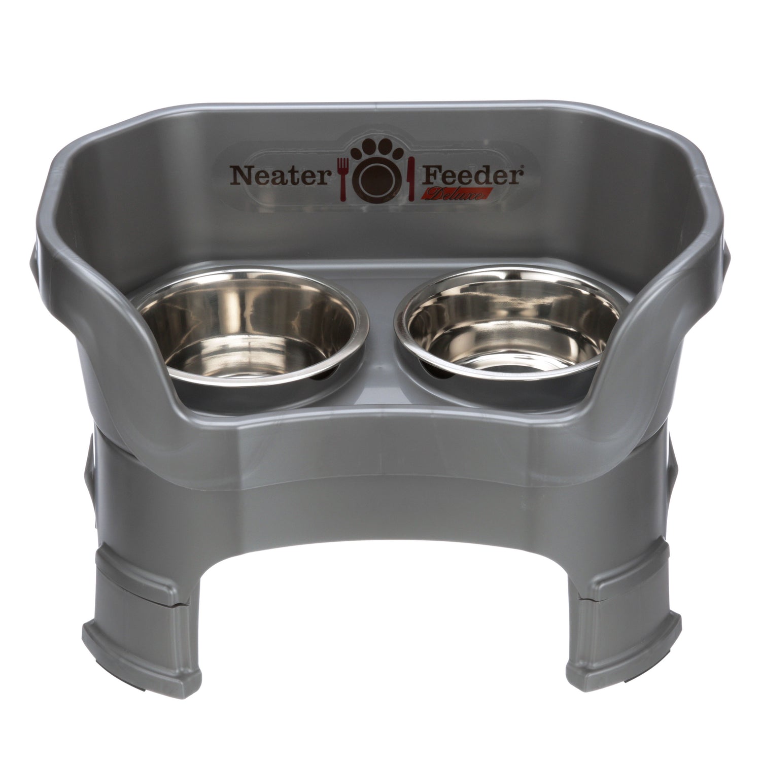 Neater Feeder Deluxe medium with leg extensions in Gunmetal Grey with two stainless steel bowls against a white background.