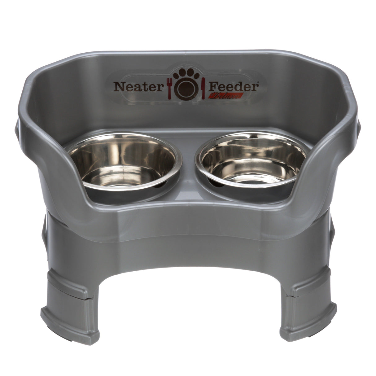 Deluxe Medium Neater Feeder with leg extensions in Gunmetal Grey with two stainless steel bowls against a white background.