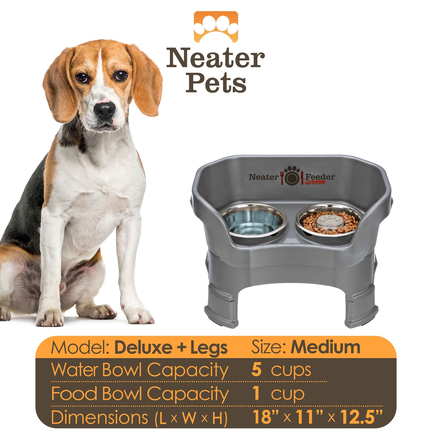A chart displaying the Deluxe medium with Slow Feed bowl and leg extension bowl capacity and dimensions, with a medium-sized dog next to the chart.