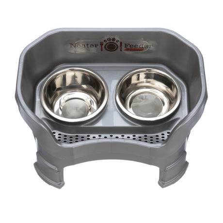 Deluxe medium Neater Feeder in Gunmetal Grey with leg extensions top view with two stainless steel bowls against a white background.