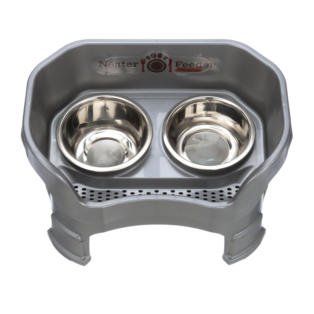 Deluxe Medium Neater Feeder with leg extensions in Gunmetal Grey top view with two stainless steel bowls against a white background.