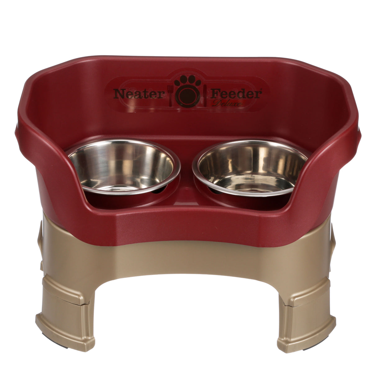 Neater Feeder Deluxe medium with leg extensions in Cranberry with two stainless steel bowls against a white background.