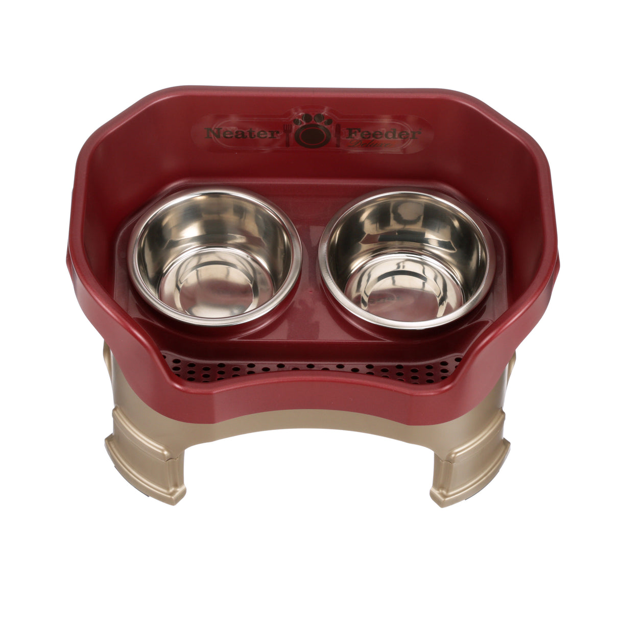 Deluxe medium Neater Feeder in Cranberry with leg extensions top view with two stainless steel bowls against a white background.