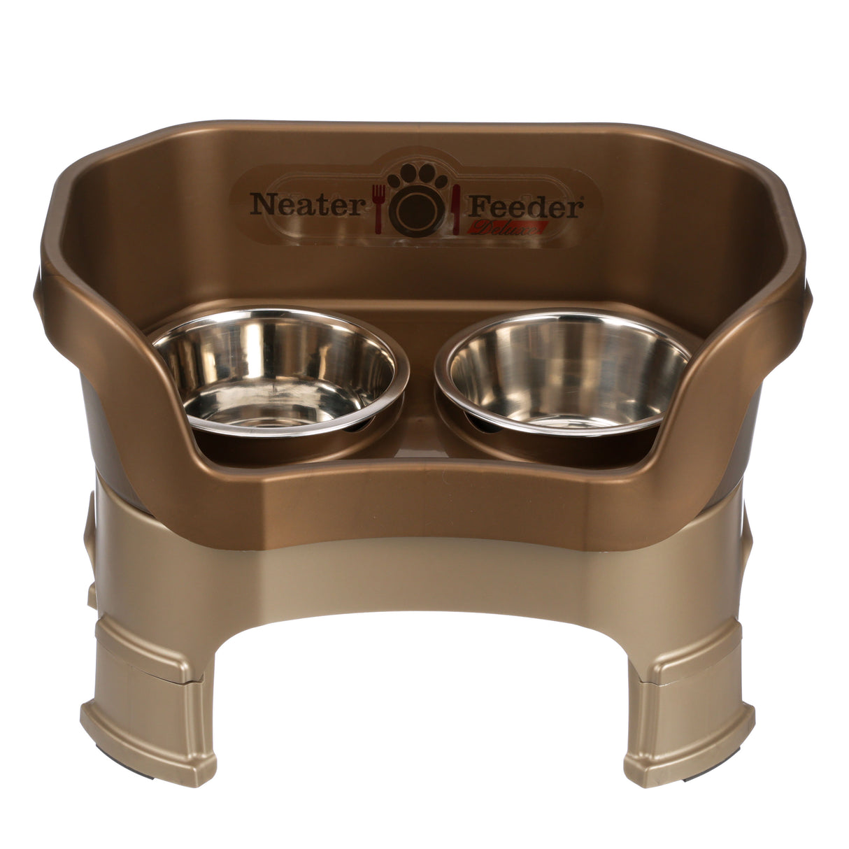 Medium Deluxe Neater Feeder in bronze with leg extensions with two stainless steel bowls against a white background.