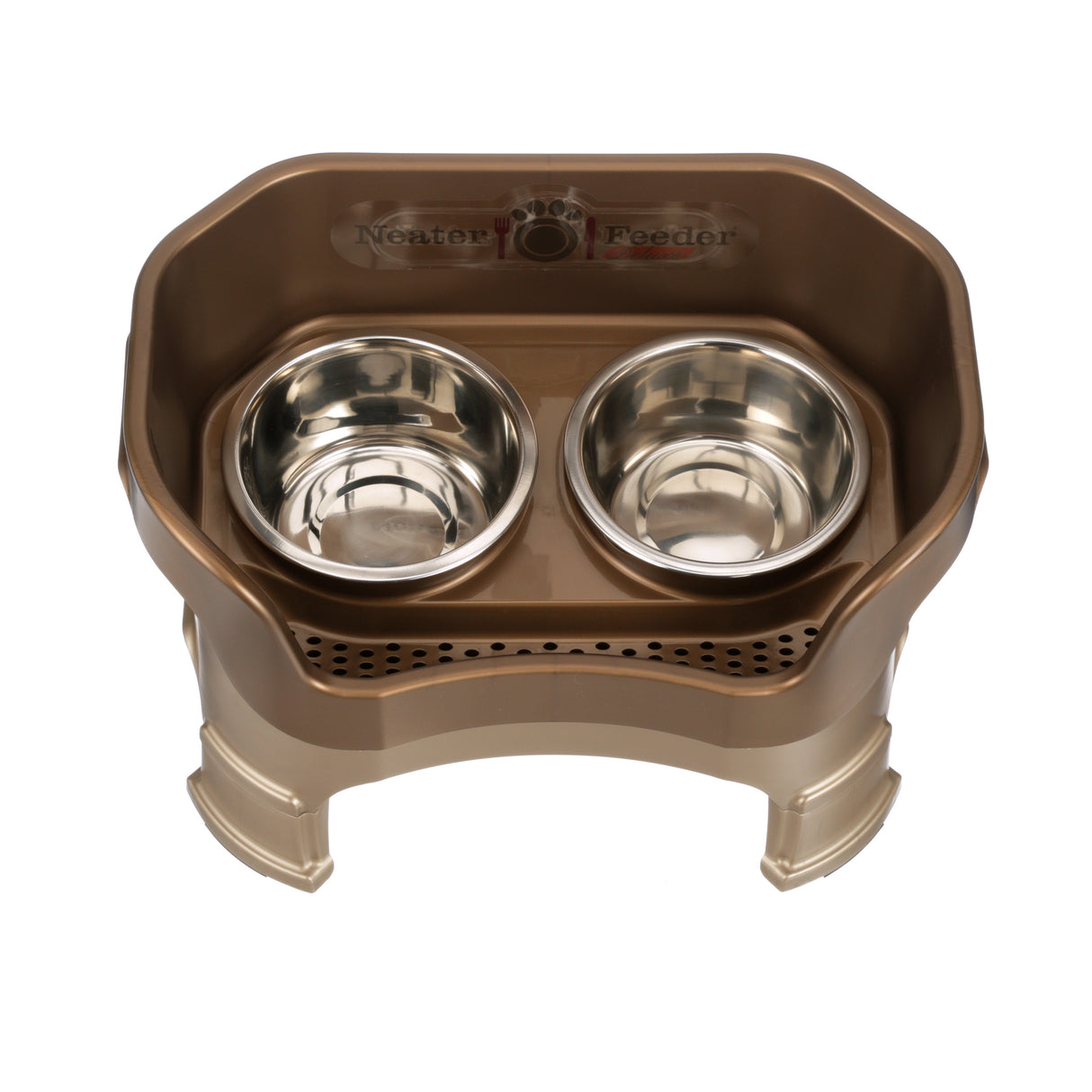 Deluxe Medium Neater Feeder with leg extensions in Bronze top view with two stainless steel bowls against a white background.