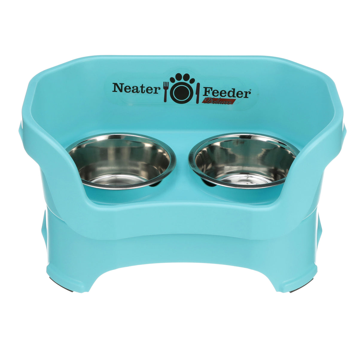 Medium Deluxe Neater Feeder in Aqua with two stainless steel bowls against a white background.