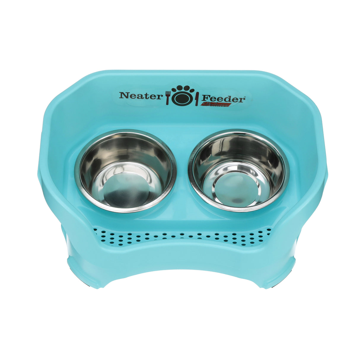 Deluxe medium Neater Feeder in Aqua top view with two stainless steel bowls against a white background.