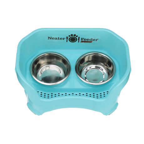 Deluxe medium Neater Feeder in Aqua top view with two stainless steel bowls against a white background.