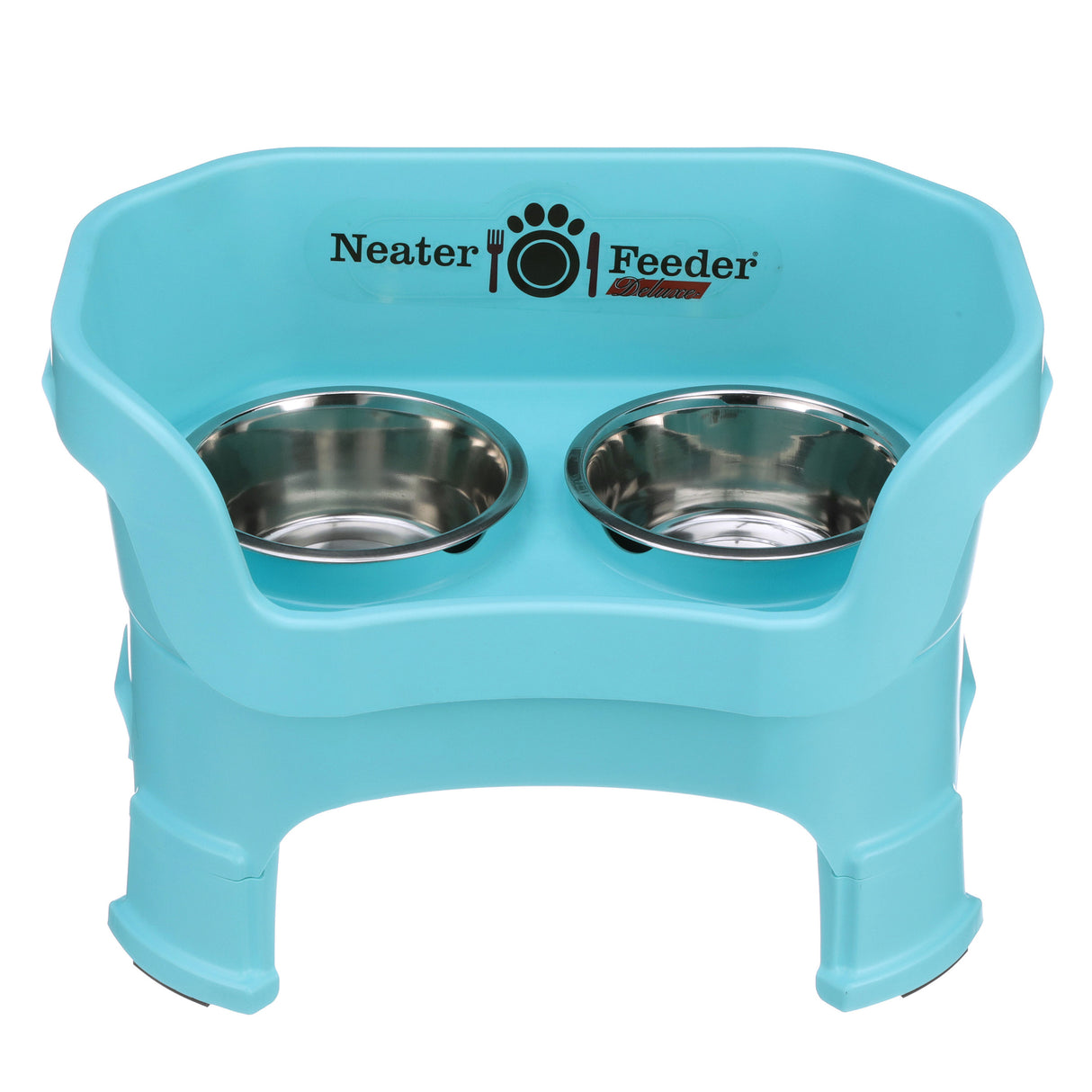 Deluxe medium Neater Feeder in Aqua with leg extensions with two stainless steel bowls against a white background.