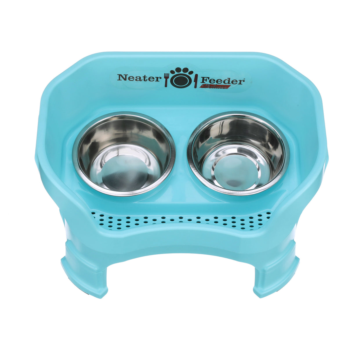 Deluxe medium Neater Feeder in Aqua with leg extensions top view with two stainless steel bowls against a white background.