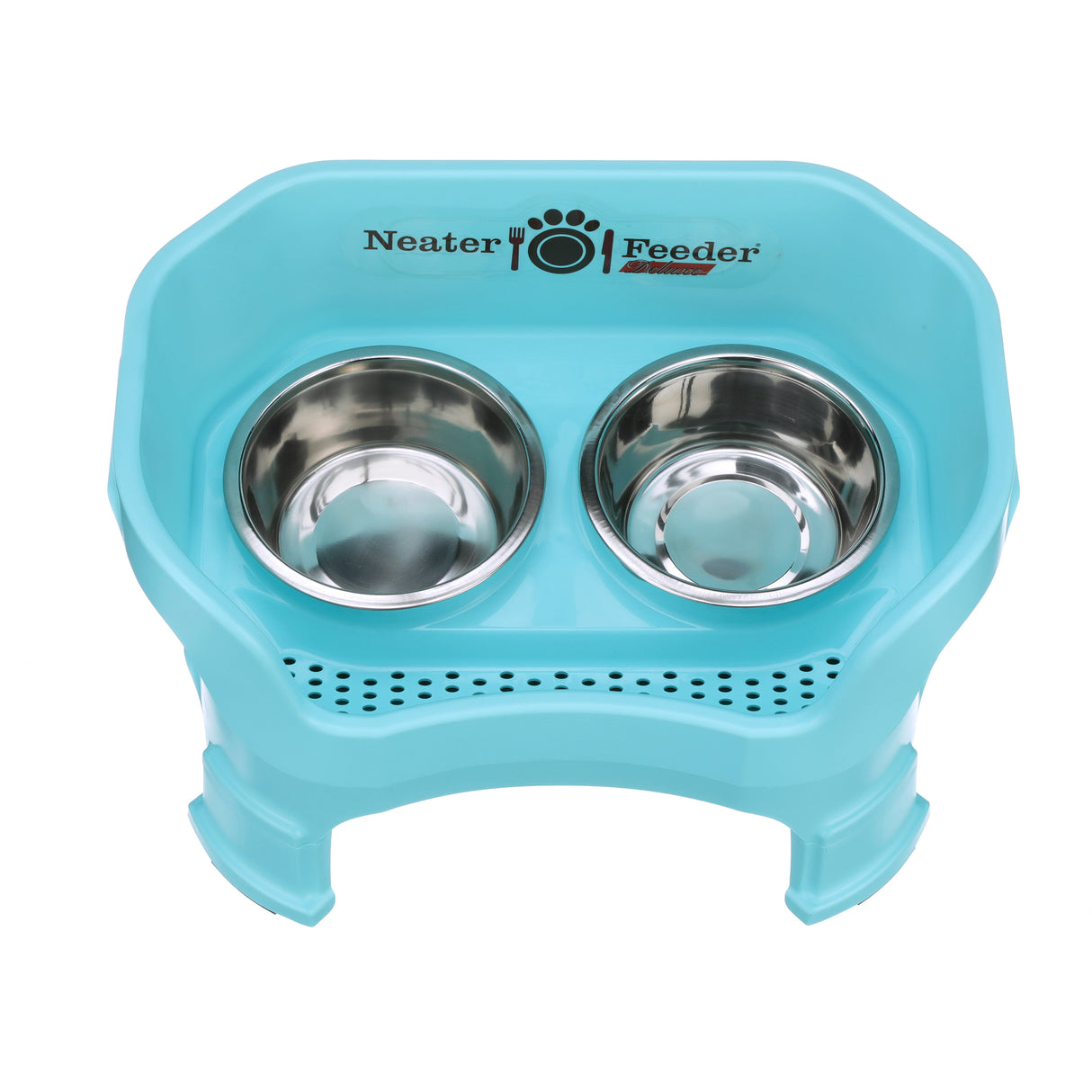 Deluxe Medium Neater Feeder with leg extensions in Aqua top view with two stainless steel bowls against a white background.