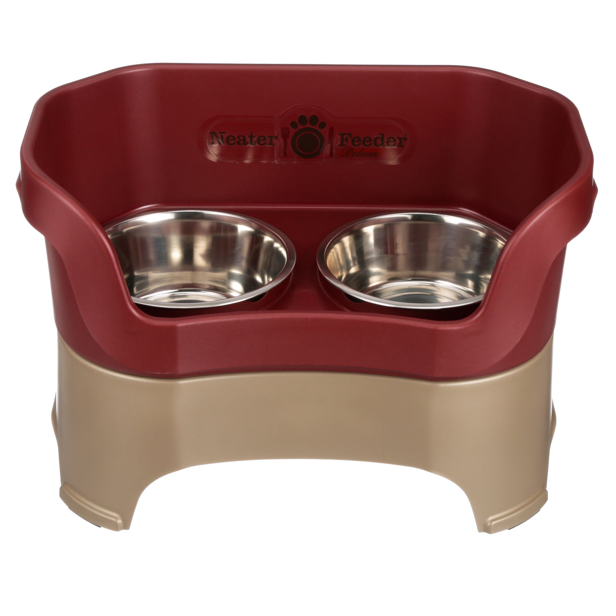 Deluxe large Neater Feeder in Cranberry with two stainless steel bowls against a white background.