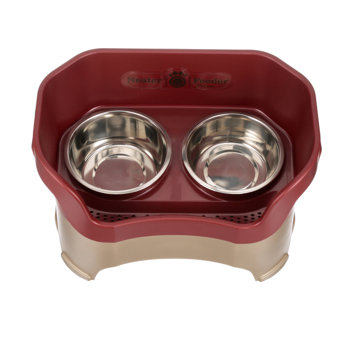 Deluxe large Neater Feeder in Cranberry top view with two stainless steel bowls against a white background.