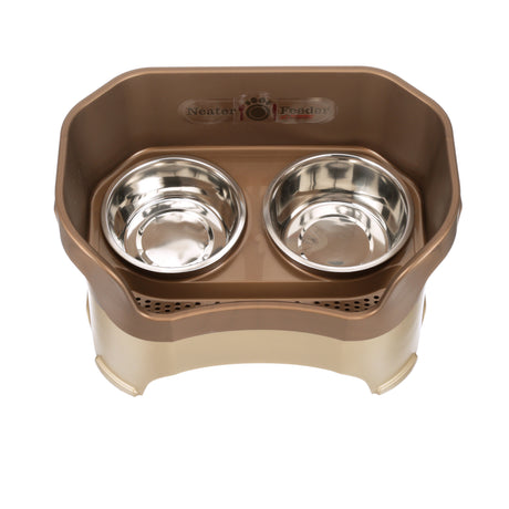 Deluxe large Neater Feeder in Bronze top view with two stainless steel bowls against a white background.