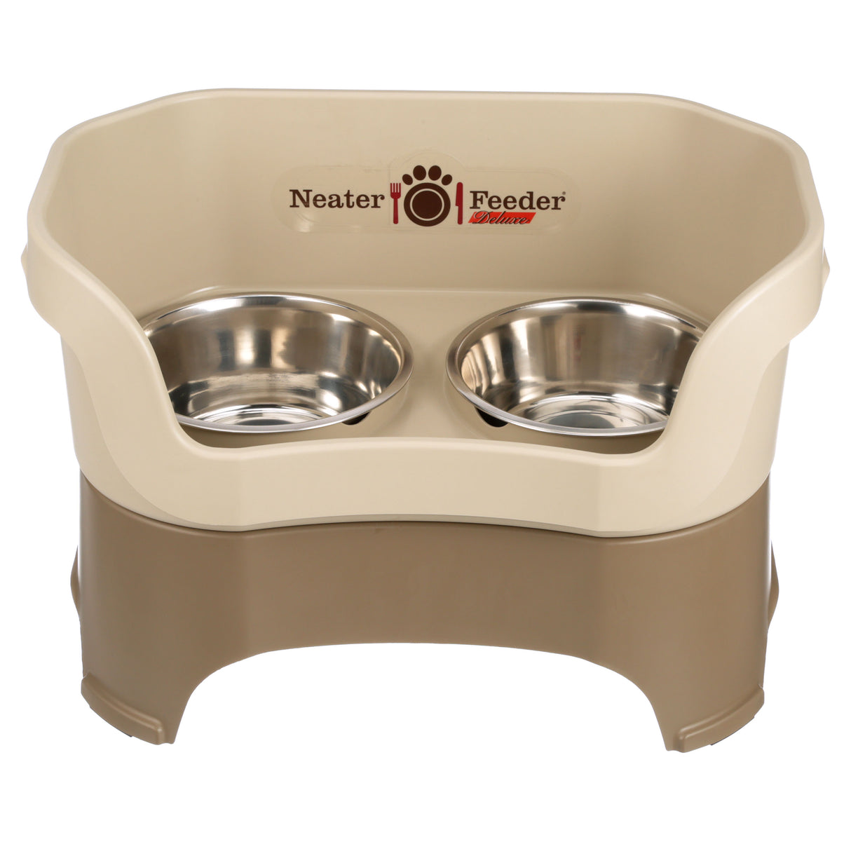 Deluxe large Neater Feeder in Cappuccino with two stainless steel bowls against a white background.