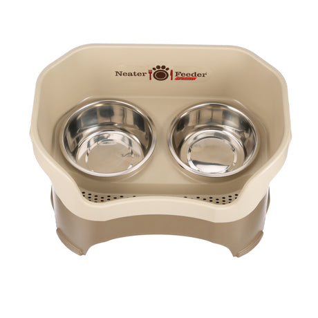 Deluxe large Neater Feeder in Cappuccino top view with two stainless steel bowls against a white background.