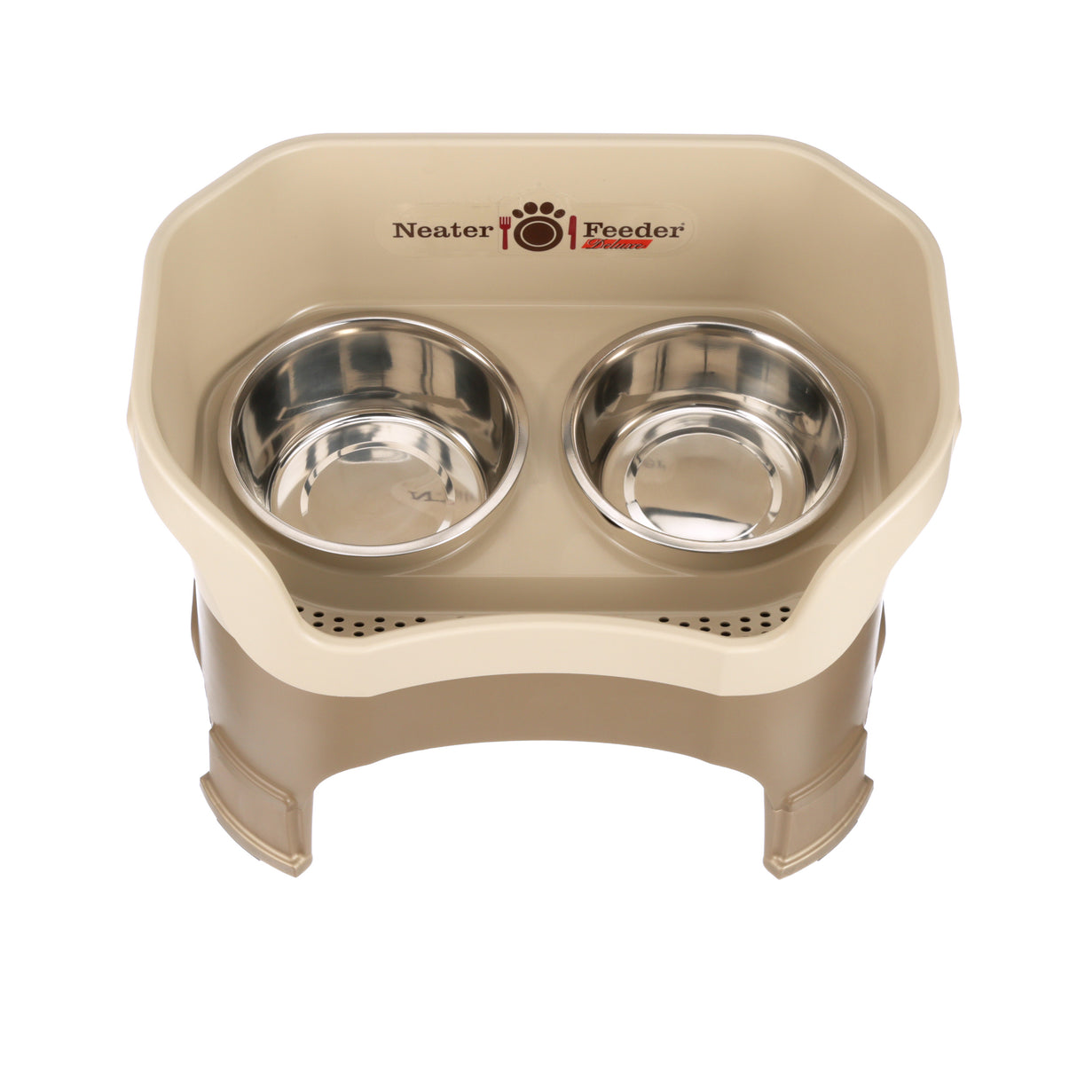 Deluxe Large Neater Feeder with leg extensions in Cappuccino top view with two stainless steel bowls against a white background.