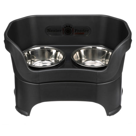 Deluxe large Neater Feeder in Midnight Black with two stainless steel bowls against a white background.