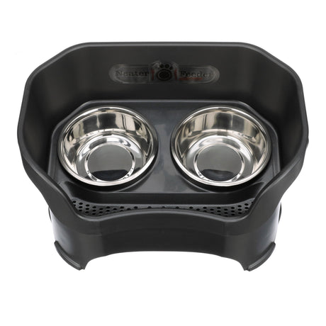 Deluxe large Neater Feeder in Gunmetal Grey top view with two stainless steel bowls against a white background.