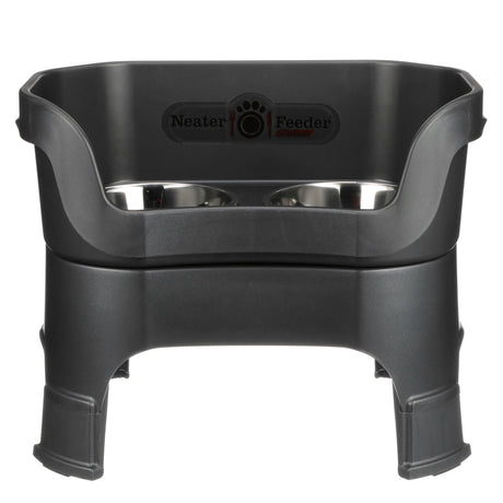 Deluxe large Neater Feeder in Midnight Black with leg extensions with two stainless steel bowls against a white background.
