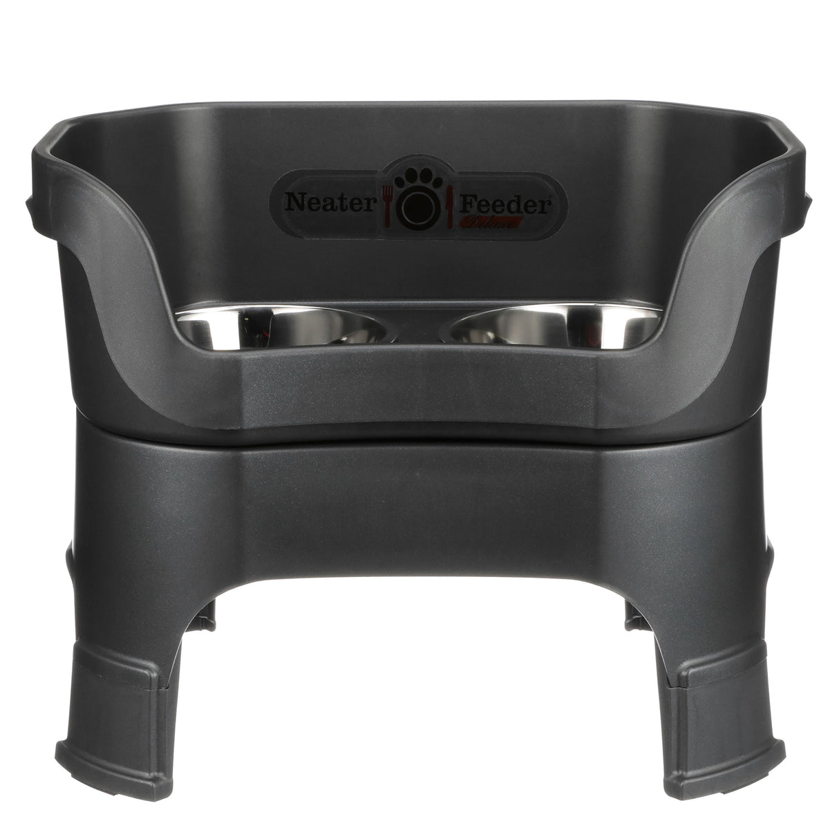Deluxe Large Neater Feeder with leg extensions in Midnight Black with two stainless steel bowls against a white background.