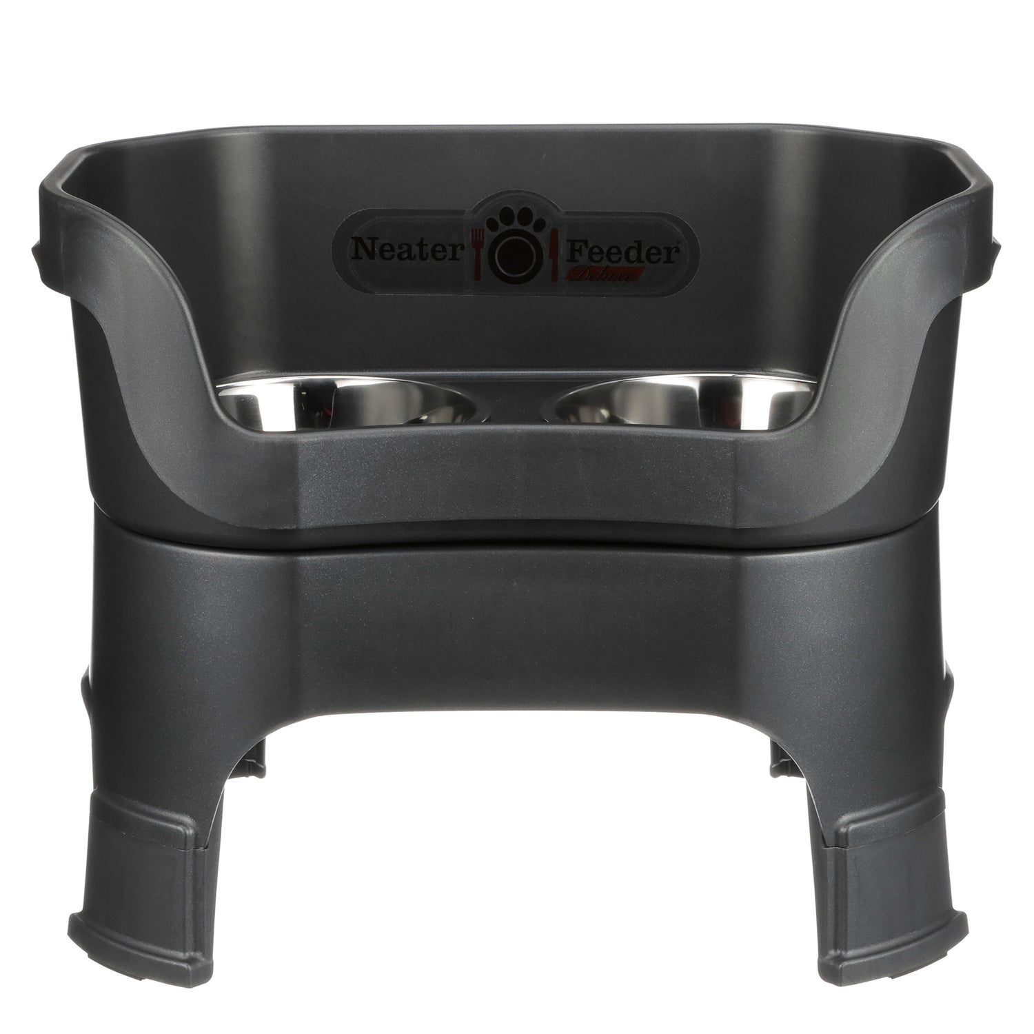 Neater Feeder Deluxe large with leg extensions in Midnight Black with two stainless steel bowls against a white background.