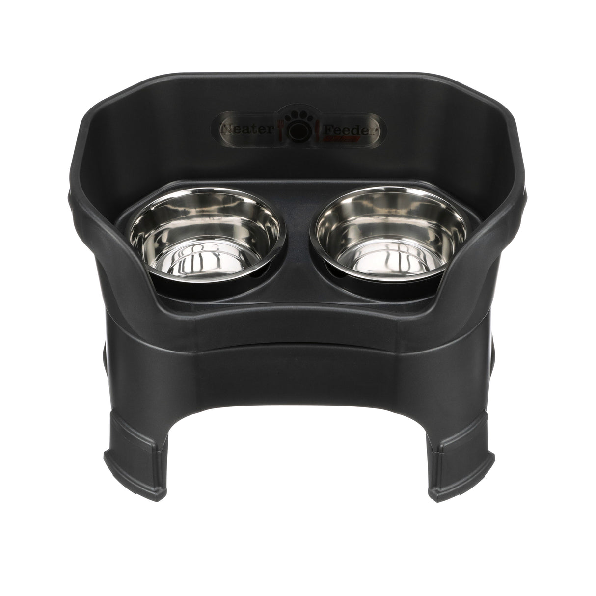 Deluxe large Neater Feeder in Midnight Black with leg extensions top view with two stainless steel bowls against a white background.