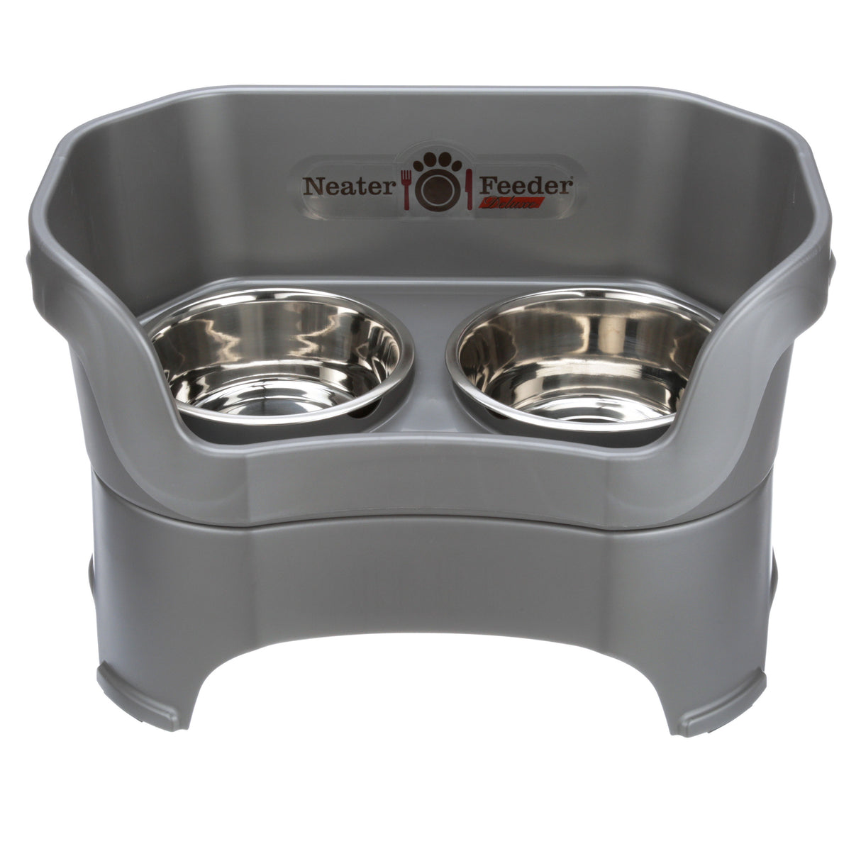 Deluxe large Neater Feeder in Gunmetal Grey with two stainless steel bowls against a white background.