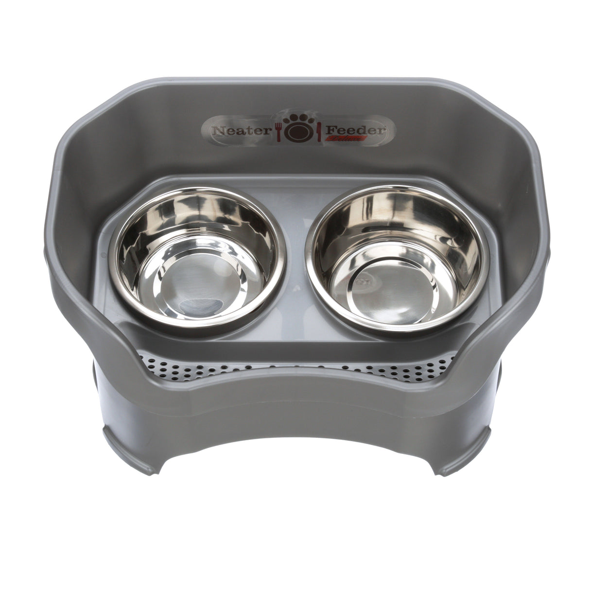 Deluxe large Neater Feeder in Gunmetal Grey top view with two stainless steel bowls against a white background.