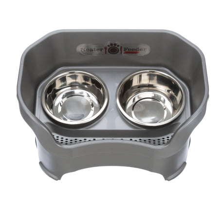 Deluxe large Neater Feeder in Gunmetal Grey top view with two stainless steel bowls against a white background.