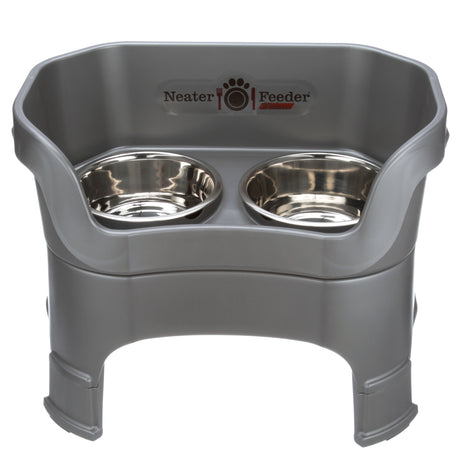Neater Feeder Deluxe large with leg extensions in Gunmetal Grey with two stainless steel bowls against a white background.