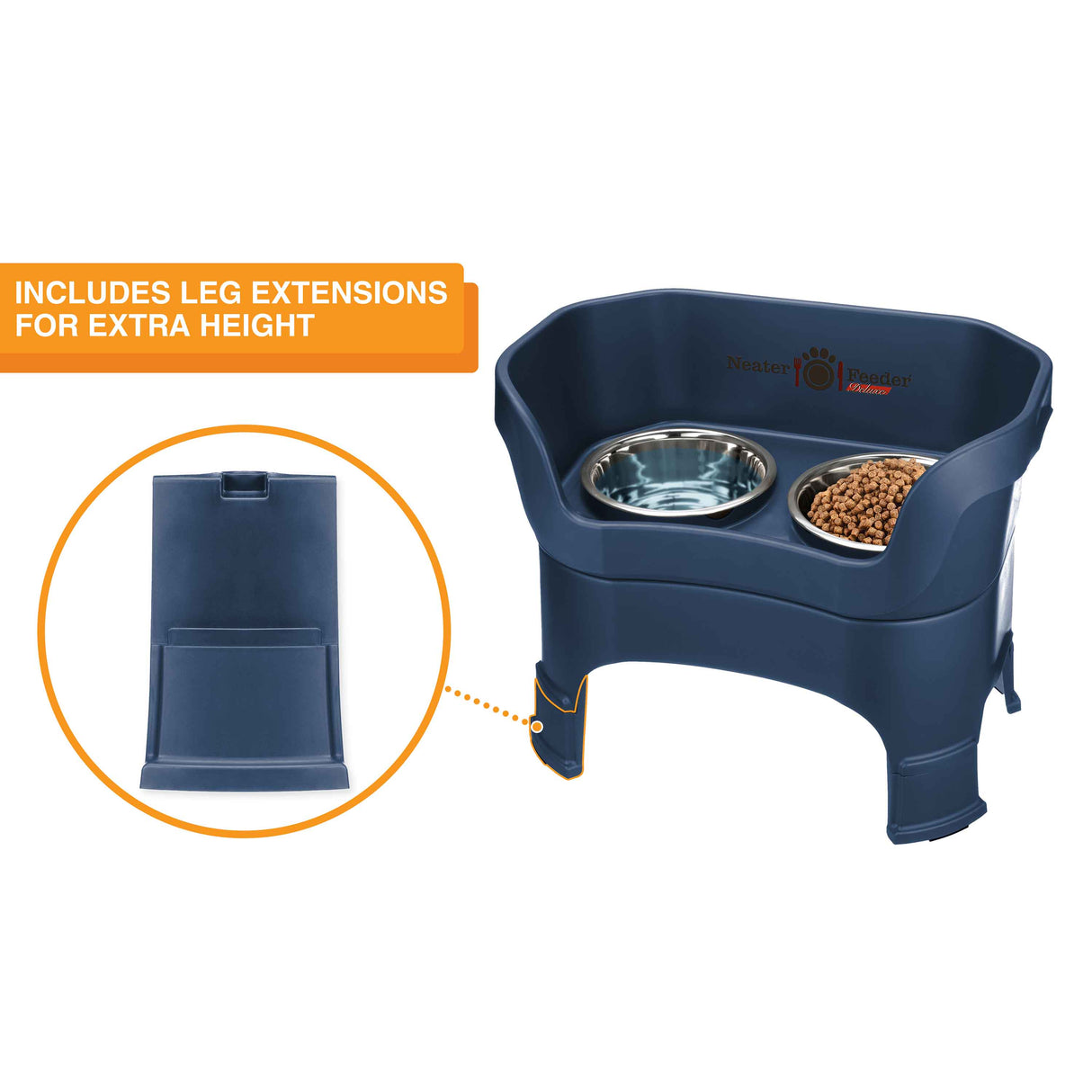 The Neater Feeder Deluxe large with a close-up of the leg extensions that are included.
