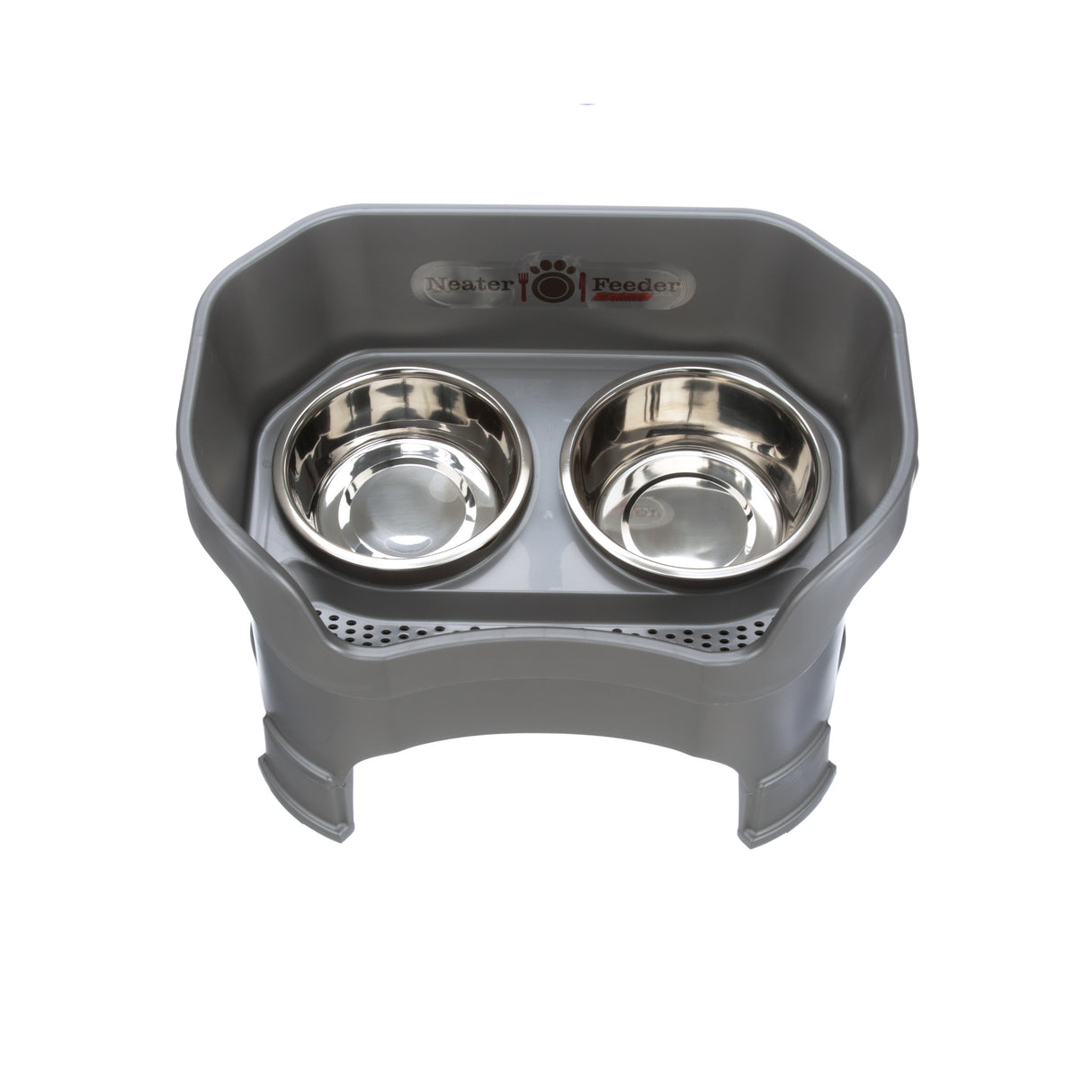Deluxe Large Neater Feeder with leg extensions in Gunmetal Grey top view with two stainless steel bowls against a white background.
