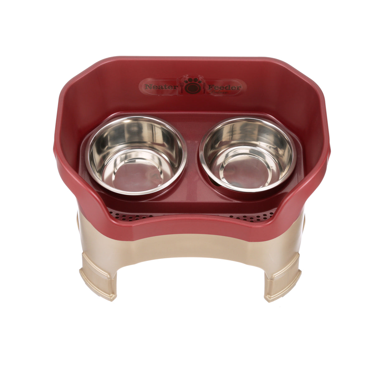 Deluxe large Neater Feeder in Cranberry with leg extensions top view with two stainless steel bowls against a white background.