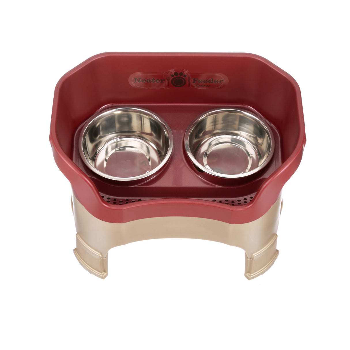 Deluxe Large Neater Feeder with leg extensions in Cranberry top view with two stainless steel bowls against a white background.