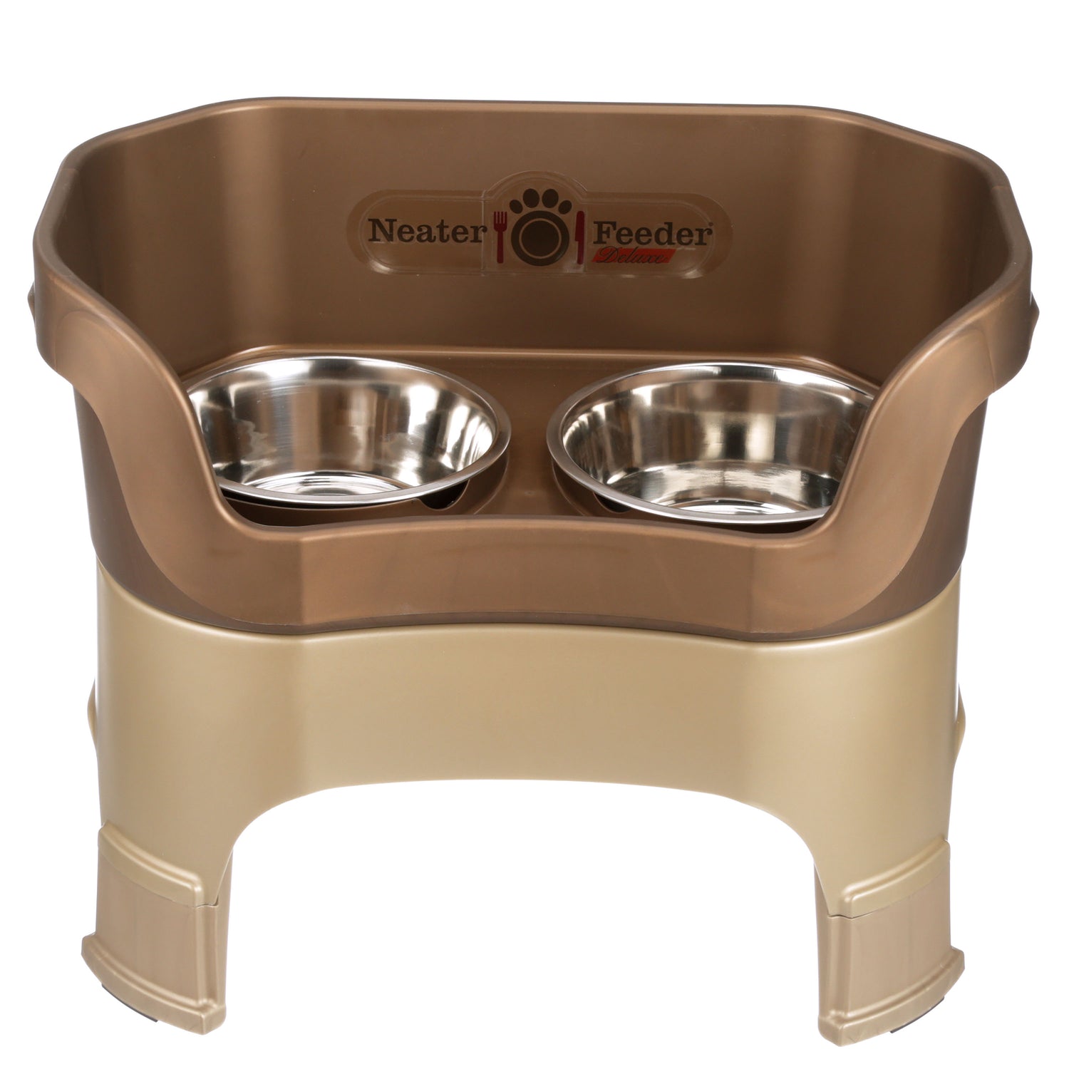 Neater Feeder Deluxe large with leg extensions in Bronze with two stainless steel bowls against a white background.