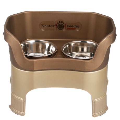 Deluxe large Neater Feeder in Bronze with leg extensions with two stainless steel bowls against a white background.