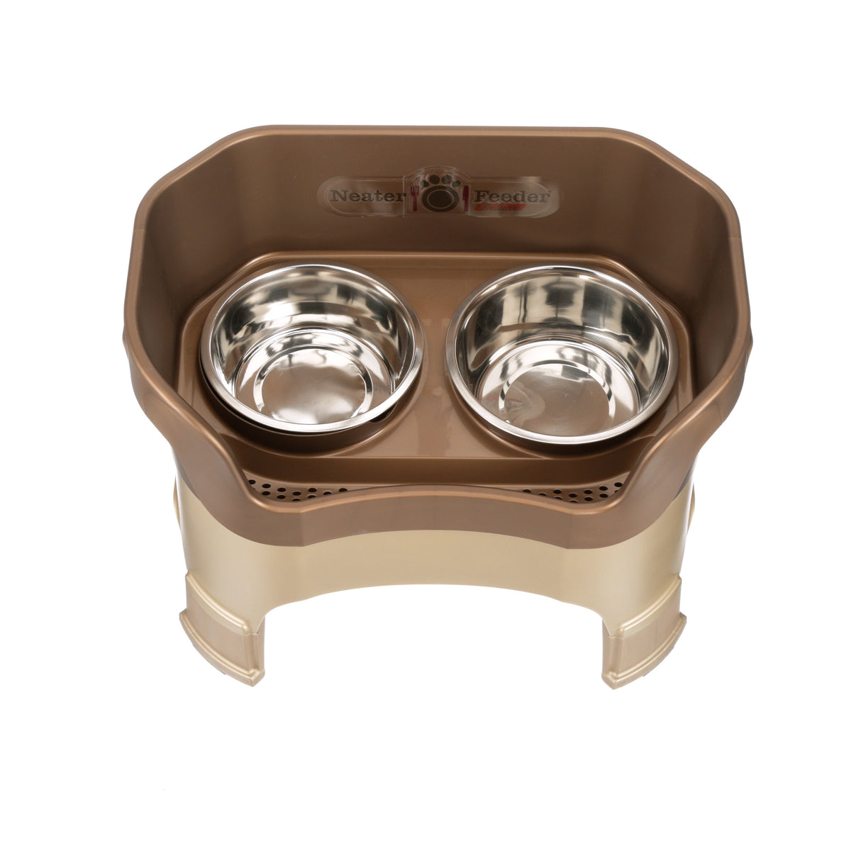 Deluxe large Neater Feeder in Bronze with leg extensions with two stainless steel bowls against a white background.