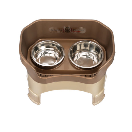 Deluxe large Neater Feeder in Bronze with leg extensions with two stainless steel bowls against a white background.