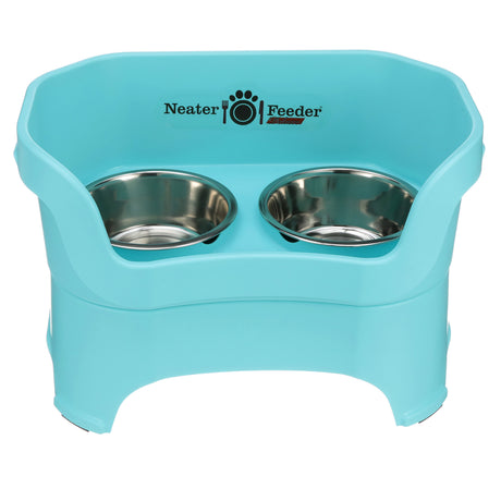 Deluxe large Neater Feeder in Aqua with two stainless steel bowls against a white background.