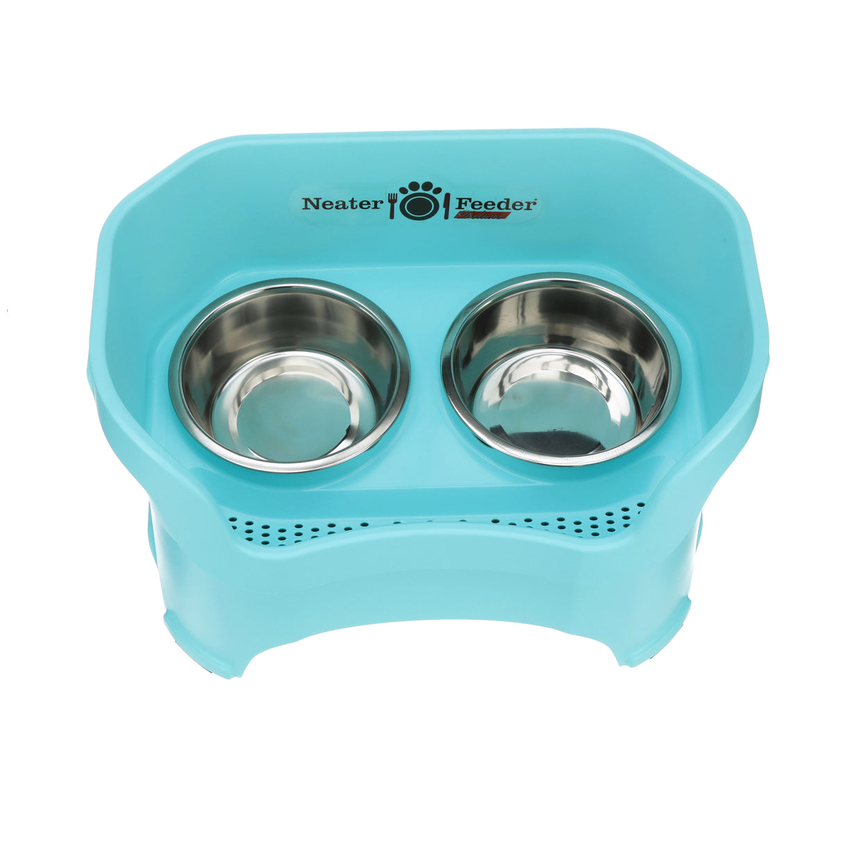 Deluxe large Neater Feeder in Aqua top view with two stainless steel bowls against a white background.