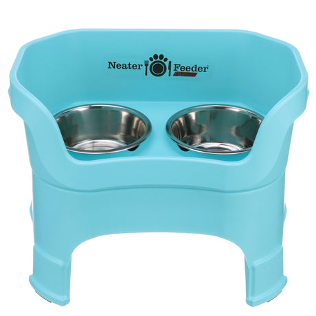 Deluxe large Neater Feeder in Aqua with leg extensions with two stainless steel bowls against a white background.